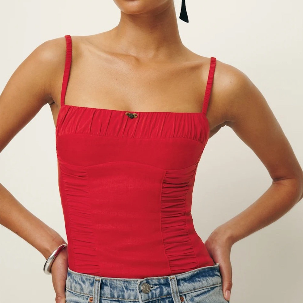NEW Reformation Emery Linen Top in Lipstick Red